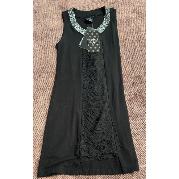 Flowers by Zoe Dresses & Skirts - Flowers by Zoe Black Fringe Sequin Neck Mini Dress Junior M Rocker Goth DL115SSQ